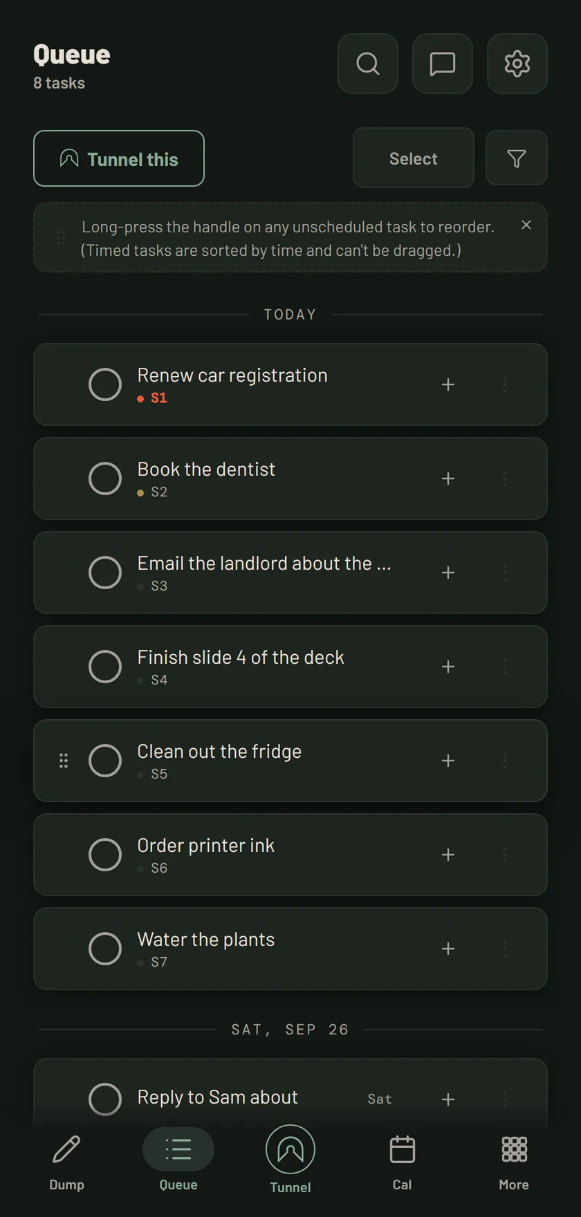 The queue in Tunl Focus: eight tasks in slot order, with the app's own hint that long-pressing a handle reorders them